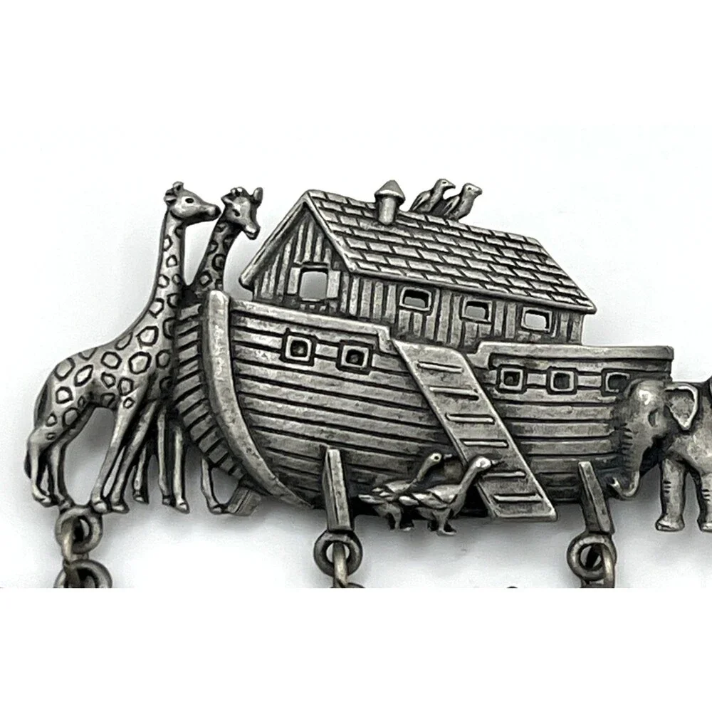 Vintage Pewter JJ Jonette Noah's Ark Brooch Pin Animal Dangles Charms Camel Lion